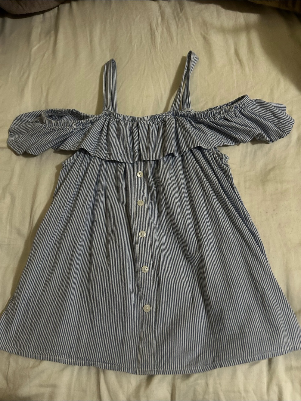 Charlotte Russe Blue and White Striped Off-Shoulder Button Front Top